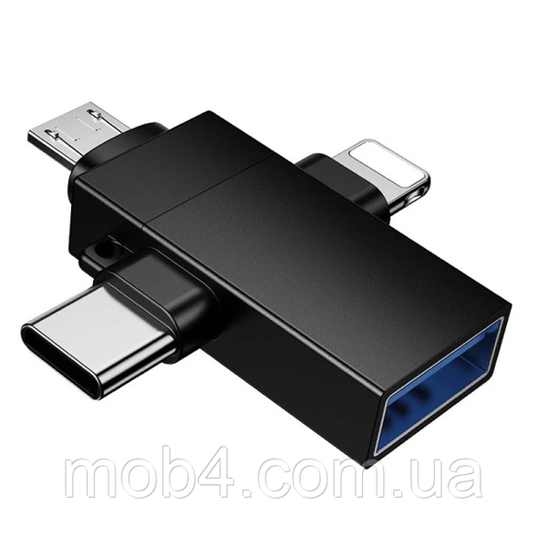 Переходник BOROFONE BV26D 3в1 iP / Type-C / Micro-USB male to USB female скоростной OTG адаптер для телефона Черный 3159549795 фото