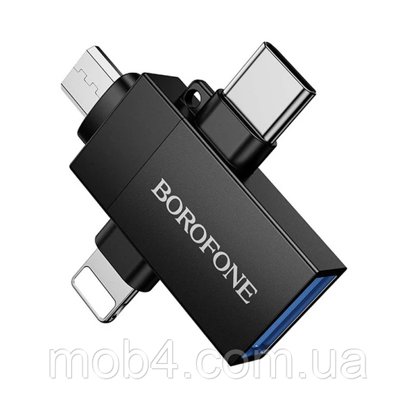 Переходник BOROFONE BV26D 3в1 iP / Type-C / Micro-USB male to USB female скоростной OTG адаптер для телефона Черный 3159549795 фото