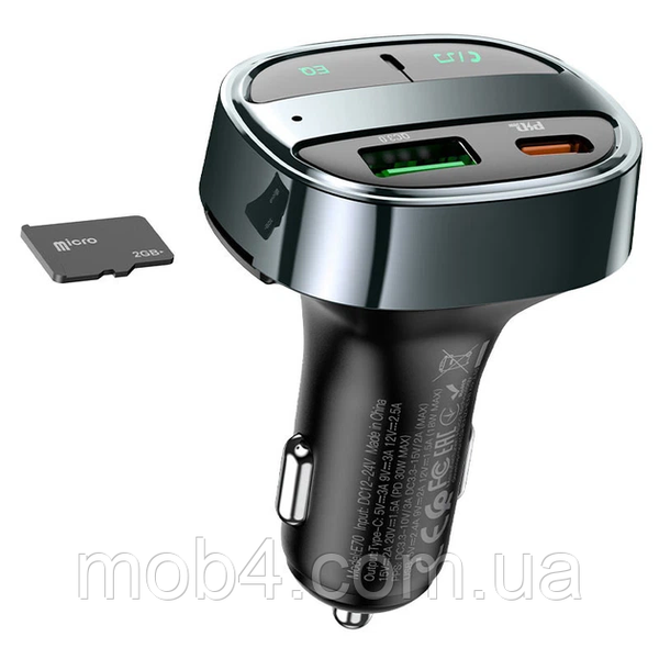 FM Модулятор HOCO E70 автомобильный трансмиттер Bluetooth 5.0 быстрая зарядка PD 30W + QC 3.0 с микрофоном Черный 3150873235 фото