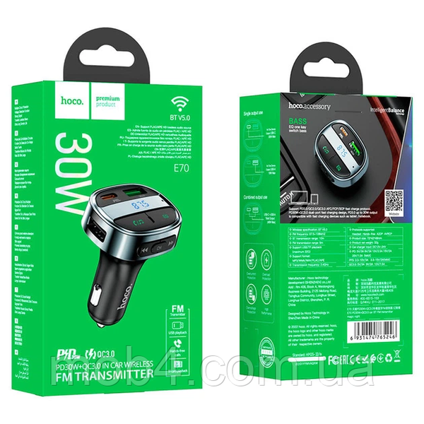FM Модулятор HOCO E70 автомобильный трансмиттер Bluetooth 5.0 быстрая зарядка PD 30W + QC 3.0 с микрофоном Черный 3150873235 фото
