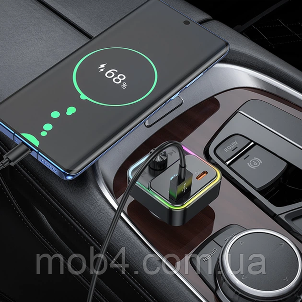FM Модулятор HOCO E81 автомобильный трансмиттер Bluetooth 5.0 быстрая зарядка PD 30W + QC 3.0 с подсветкой Черный 3150875400 фото