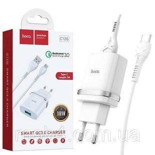 Мережевий зарядний пристрій Hoco C12Q Smart QC3 3A кабель Type C Білий 1817766945 фото