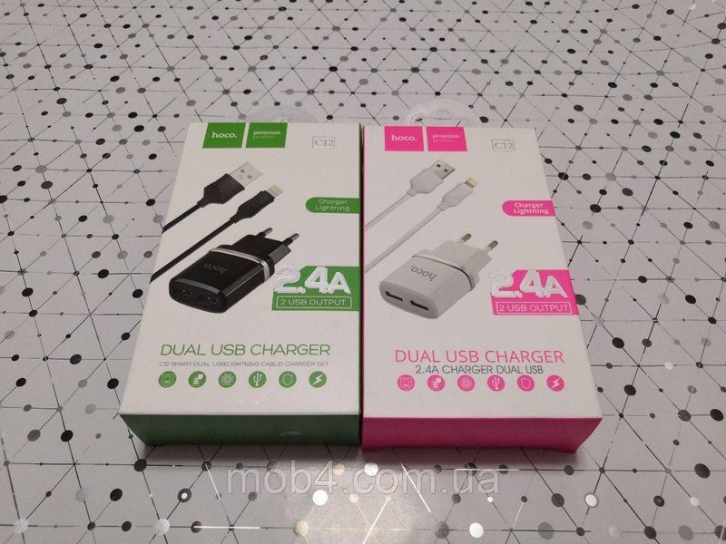 Сетевое зарядное устройство для Apple IPhone Hoco C12 (2USB, 2.4A) + кабель Lightning Черный 1143032700 фото